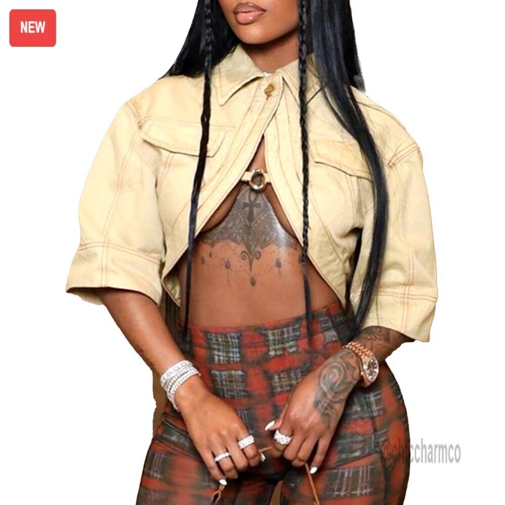 Cropped Denim Jacket Short Sleeve Cut Out Button Down Top Clubwear